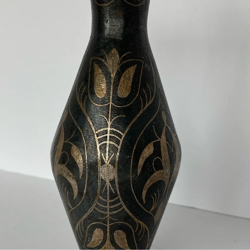 Vintage Brass Vase Etched India 7” Tall Metal Old Brown Bud Flower Engraved